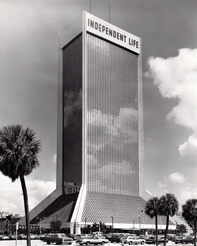 Independent Life Insurance Building was built in 1955. The wide base was designed to accommodate the very large computers and printers of that era.